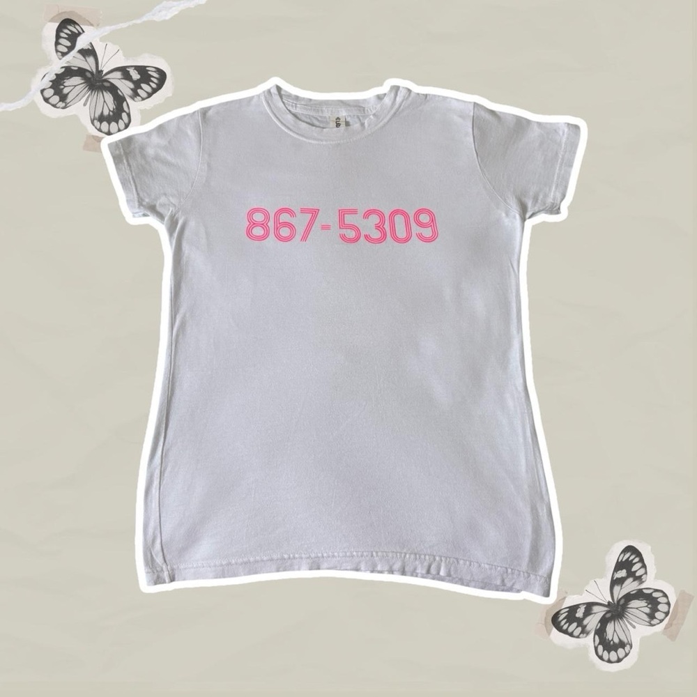 Women’s Fitted Size Medium White and Neon Pink 867-5309 Jenny Retro 80s T-Shirt